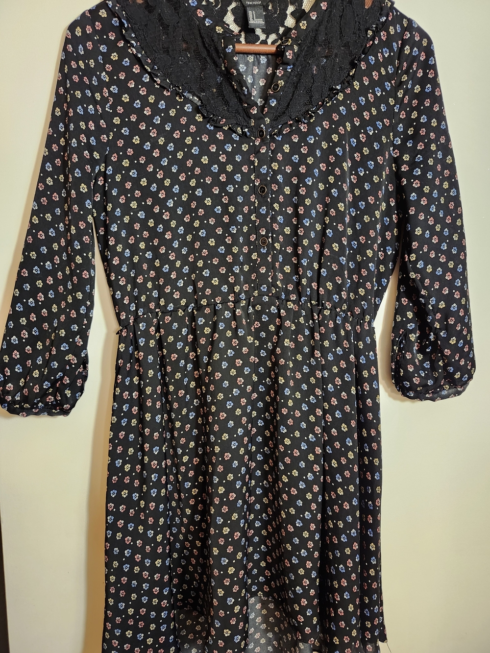 Forever 21 Black Floral Lace-Collar Dress - Size Small